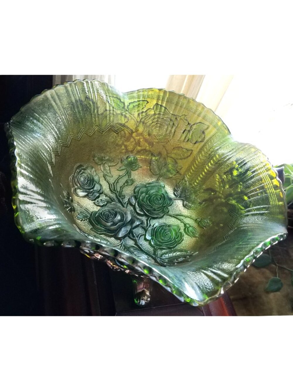 Antique Imperial Carnival Glass Lustre Rose Helios Green Iridescent 11" Bowl